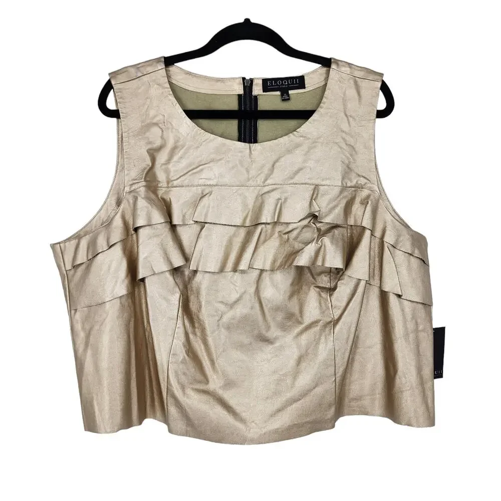 Eloquii Gold Sleeveless Exposed Zipper Back Ruffle Front Blouse Size 22